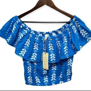 NWT Elan Woman’s Tribal Aztec Sleeveless Off Shoulder Boho Top Blue Size Small